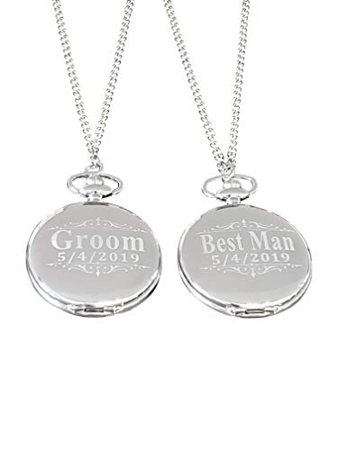 3 Engraved Pocket Watches - 3 Groomsmen Personalized Unique Gifts - Chain, Box and Engraving Included, Comes in 4 Colors (Black/Gunmetal) (Black/Gunmetal)