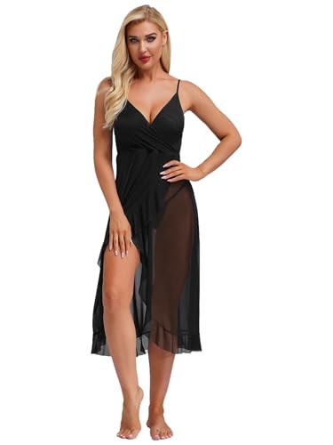 TTAO Vestido de malla para mujer, camisón con abertura lateral, vestido de malla para mujer, ropa interior, bikini, cubierta de playa, encubrimiento, Negro , S