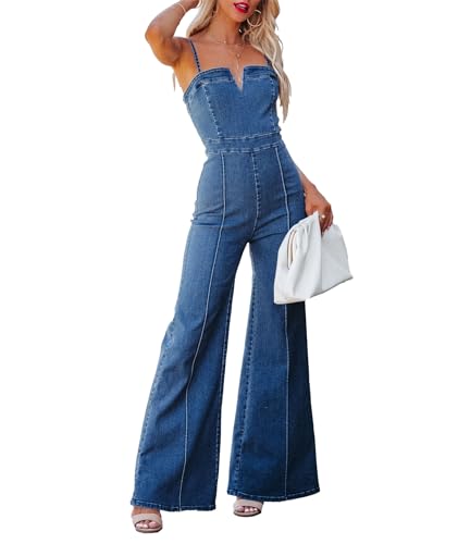 Sexyshine Women's Denim Jumpsuit Spaghetti Straps Sleeveless V Neck Wide Leg Flared Full Length Jeans Rompers Overalls(26649BE,XL)
