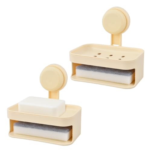 Jabonera Baño Plastico 2 Piezas Jabonera De Ducha con Ventosa, Jaboneras con Desagüe, Soporte para Pastillas De Jabón, Jaboneras Ducha Sin Taladro, con 2 Esponja, para Baños Y Cocinas (Blanco)