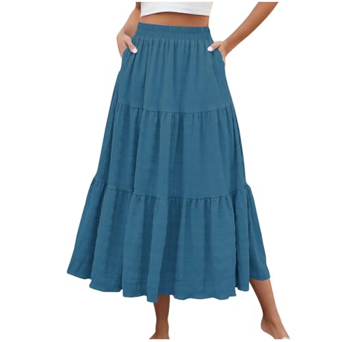 Women's Tiered Maxi Skirt Casual Fashion Flowy A-Line Elastic High Waist Trendy Beach Long Skirts with Pockets
