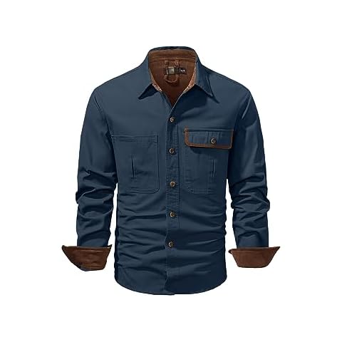 Mr.Stream Men's Washed Cotton Two Pockets Long Sleeve Work Snap Button Up Solid Corduroy Twill Shirt 3261 Blue XL Cover
