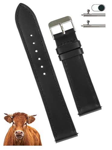 20mm Flat Black Leather Watch Band Men Quick Release Handmade Leather Strap, Slim Replacement Wristband Stainless Steel Buckle, Christmas Father's Day Gift for Dad Husband DH-NO-201-20MM