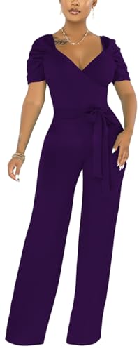 Image of PaladMom Womens Elegant Plus Size Jumpsuits Sexy Back zipper Short Sleeve Mid Waist Wide Leg Straight Rompers