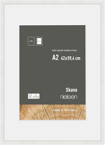 nielsen Skava Wooden Picture Frame - White A2, 42x59.4cm with White Mount to fit A3 photo - Float Glass and Easy Push-Turn Clips
