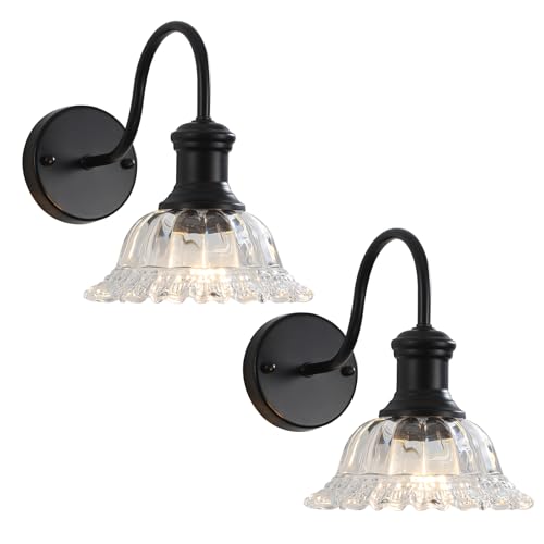 Image of Bathroom Vanity Lights 2 Pack, Black Wall Sconce with Pressed Patterned Glass Lampshade, Farmhouse Wall Light Fixtures for Bathroom, Bedroom, Living Room, Entryway