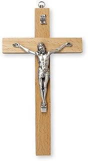 26cm Wall Hanging Pear Wood Crucifix Cross Silver Corpus Jesus 10577