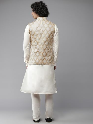 Image of See Designs Men Gold & White Solid Kurta Pyjamas With Nehru jacket