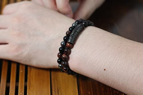 2Pcs Triple Protection Bracelet,Natural Tigers Eye Black Obsidian And Hematite 8 Mm Beads Bracelet For Men Women Gift, Healing Crystal Bracelet Bring Luck And Prosperity And Happiness (Red) #TOP7