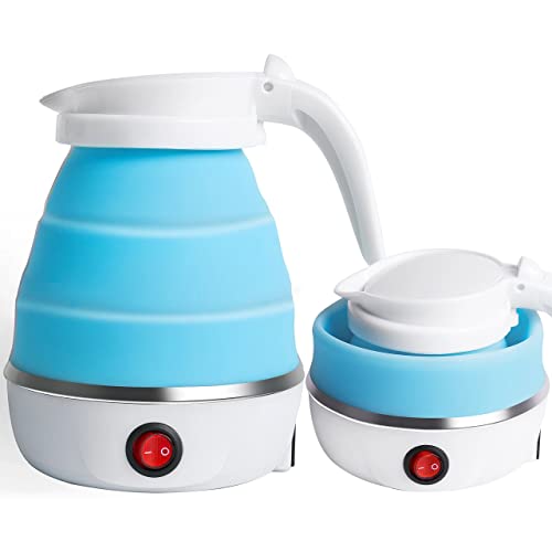 LINGNI Foldable Electric Kettle Portable Kettle for Travel 600ML Collapsible Electric Water Boiler with Separable Power Cord for Outdoor Hiking Camping Traveling (Blue)