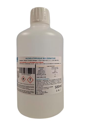 Alcool Éthylique Dénaturé 96% – 500 ml – Haute Pureté – Idéal Parfum, Fabrication de Lotions, Nettoyage & Dégraissage – Usage Technique et Cosmétique