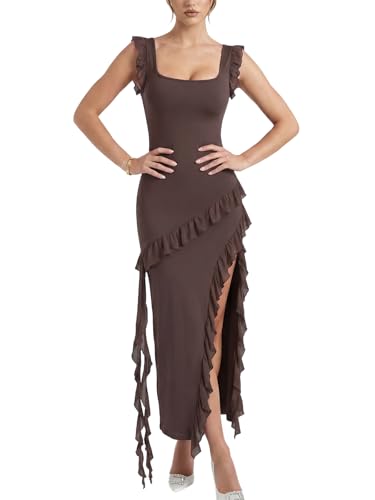 Rosegalette Women's Sexy Elegant Evening Gown High Split Side Ruffles Open Back Maxi Dress for Prom,Coffee,L