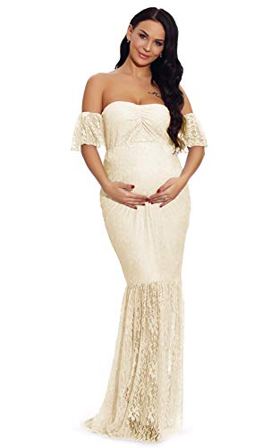 ZIUMUDY Women's Off Shoulder Ruffle Sleeve Lace Mermaid Maternity Baby Shower Gown Maxi Photography Dress2