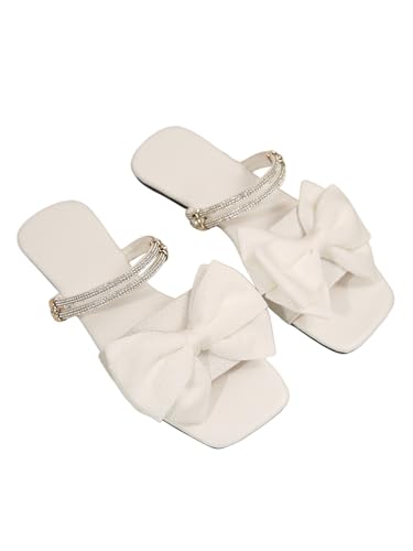 Image of GORGLITTER Women's Bow Flat Sandals Dressy Rhinestone Comfortable Sandals | Cute Slip On Slides, Strappy Flats, Square Toe, Sparkly Dressy Party Wedding Sandals for Bride