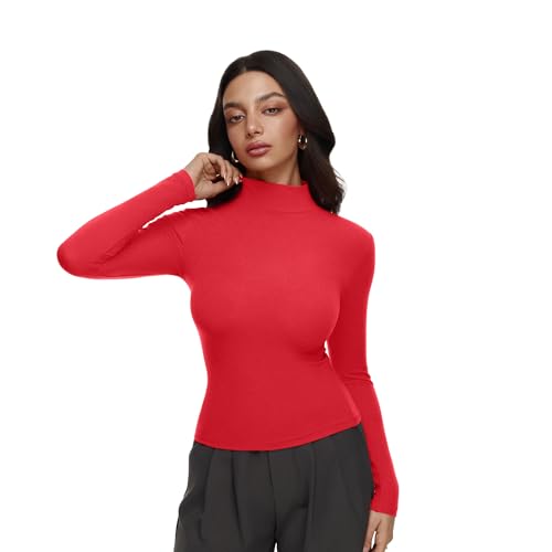 Image of REORIA Women's Turtleneck Tops Slim Basic Mock Neck Long Sleeve Shirts 2025 Fall Winter Layering Outfits