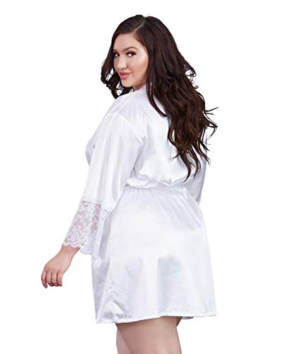 Dreamgirl Women's Plus Size Satin Charmeuse Robe with Lace Trim Details, White, 2X
