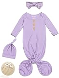 Newborn Baby Coming Home Outfit Set - Soft Modal Knotted Gown with Hat, Hello World Announcement Sign & Headband, Hospital Newborn Photography Outfits Baby Gowns for Baby Shower 0-3 Months Clothes