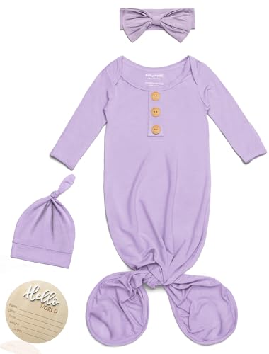 Newborn Baby Coming Home Outfit Set - Soft Modal Knotted Gown with Hat, Hello World Announcement Sign & Headband, Hospital Newborn Photography Outfits Baby Gowns for Baby Shower 0-3 Months Clothes