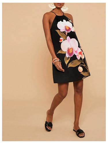 Image of SweatyRocks Women's Tropical Print Halter Dresses Sleeveless Holiday Summer Mini Dress