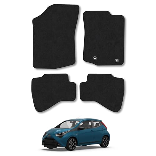 Toyota Aygo (2014-2021) [Hook Clip] Car Mats Accessories Tailored Fit Carpet Floor Mats Non Slip Black Trim Full Coverage Compatible Accessory Front Rear Set Anti Slip Granulated Backing Clips