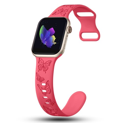 Image of Butterfly Engraved Bands Compatible with Apple Watch Band 41mm 40mm 38mm 49mm 46mm 49mm 46mm 45mm 44mm 42mm Women, Silicone Sport Strap for iWatch Series SE 10 9 8 7 6 5 4 3 2 1 SE Ultra