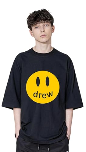 Uniplanet Store Men's Black Round Collar 3/4 Half Sleeve Oversized Fit Drew T-Shirt - Stylish Casual Tee for Everyday Wear