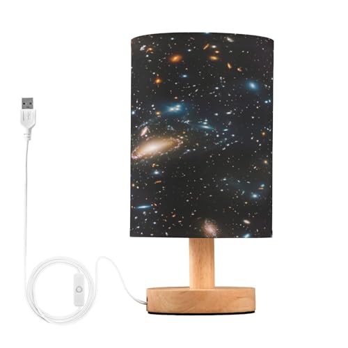 Ewusp Milky Way - Lámpara de mesita de noche para dormitorio, lámpara LED de mesita de noche con puertos de carga USB, pantalla de tela y base de madera para escritorio, sala de estar, guardería