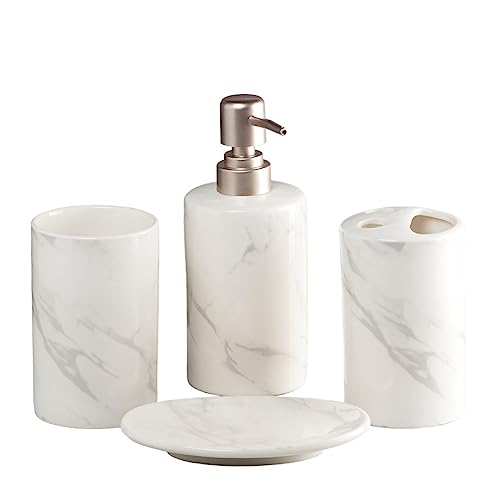 Image of SaSaSa Ceramic Bathroom Accessories Set of 4 Modern Bath Set with Soap Dispenser & Toothbrush Holder, Luxury Home & Gift Idea, White /Light Grey (8478)
