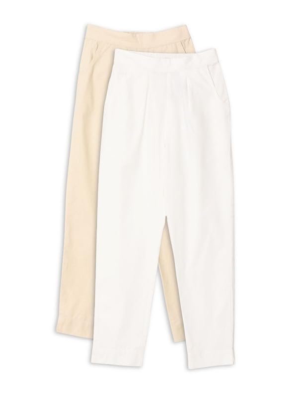 Image of SAADAA Pack of 2 Women's Cotton Pants | Regular Fit Mid-Rise Comfortable Trousers with Pockets | Casual
