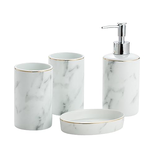 Juego de dispensador de jabón de cerámica blanca, accesorios de baño con soporte para cepillo de dientes, jabonera y taza, ideal para apartamentos y hoteles, elegante y funcional