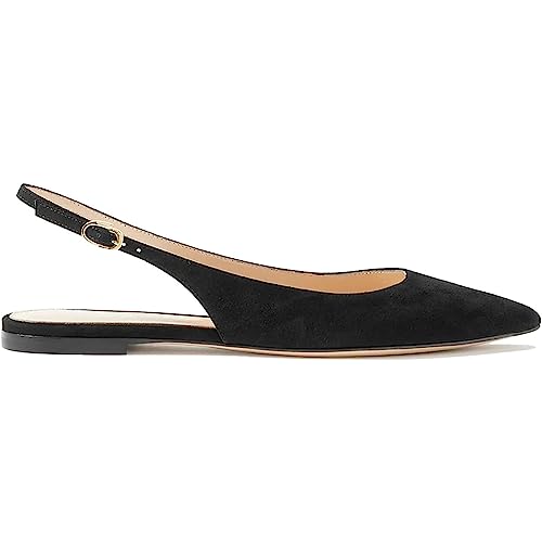 FOWT Women Pointy Toe Buckle Ballet Flats,Adjustable Back Strap Backless Dressy Shoes for Daily Wear,Black Suede Slight Heels Gold Tone with Party Event Office Lady Size 4-16 US