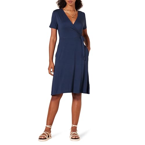 Amazon Essentials Vestido Efecto Cruzado de Manga Corta Mujer, Azul Marino, M