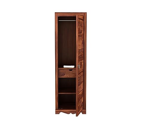 Image of Sheesham Wood Wooden Single Door Wardrobe Organizer for Clothes | - Solid Wood Almirah with 1 Drawers, 3 Shelves with Hanging Space - Cupboard for Large Bedroom (Design 25)