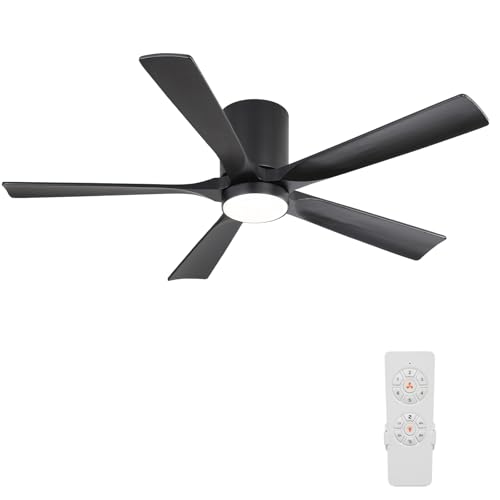 Image of ELEHINSER 52 Inch Flush Mount Ceiling Fan with Lights, Low Profile Modern Ceiling Fan with Remote, Quiet DC Motor, 6-Speed, 3CCT,Timer, 5 Solid Wood Blades, Black