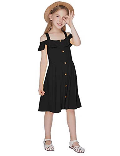 Greatchy Girls Dress Short Sleeve Spaghetti Strap Cold Shoulder Loose Stretch Dresses Black 6-7 Years #TOP3