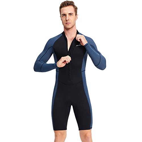 Zyigbw Men 1.5Mm One Piece Shorty Wetsuit Uv Protection Long Sleeve Rash Guard For Diving Snorkeling Swimming Surfing,Canoeing,Scuba Diving (X-Large, Men Blue) #TOP1