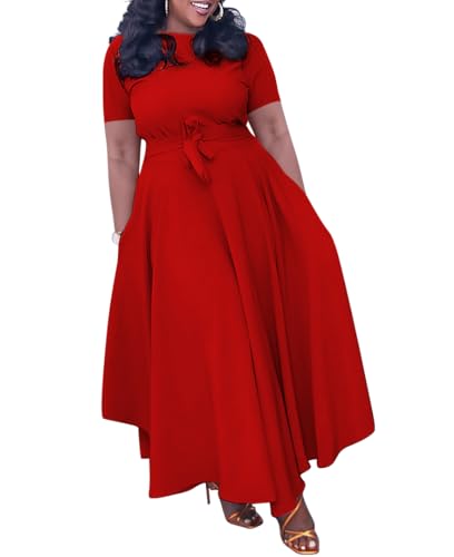 Image of Hostoyo Women Plus Size Formal A Line Maxi Dress Self Tie Waist with Pockets Elegant Round Neck Swing Long Dresses