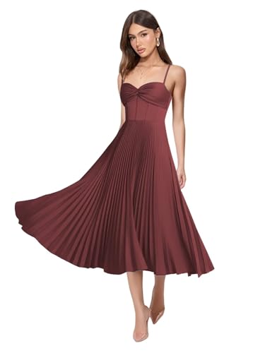 Satin Spaghetti Straps Bridesmaid Dress Tea Length Pleated Formal Midi Dress QA239