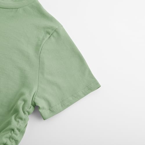 Image of Girl's Graphic Crop Top Summer Tee Drawstring Side Tie Knot Hem Round Neck Short Sleeve T-Shirts