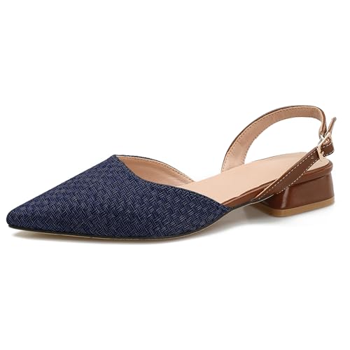Women's Cute Woven Low Chunky Heeled Pointed Toe Slingback Heels, Classic Closed Toe 1.06-Inch Slip on Pumps for Women, Walking Shopping Summer Casual Dress Shoes