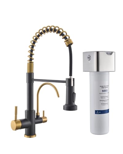 Image of GIMILI 3 in 1 Kitchen Faucet with Pull Down Sprayer Black and Gold Two Handle Kitchen Sink Faucet with Under Sink Water Filter System Reduces PFAS, PFOA /PFOS, Lead, Chlorine, Bad Taste & Odor