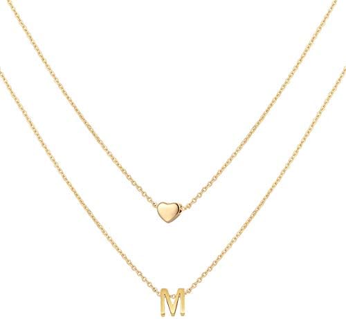 MOMOL 18K Gold Plated Stainless Steel Layered Heart Initial Necklace Personalized Tiny Letter M Choker Necklace Monogram Name Necklace for Women Girls