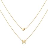 MOMOL 18K Gold Plated Stainless Steel Layered Heart Initial Necklace Personalized Tiny Letter M Chok