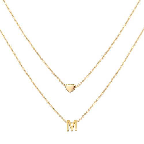 MOMOL 18K Gold Plated Stainless Steel Layered Heart Initial Necklace Personalized Tiny Letter M Choker Necklace Monogram Name Necklace for Women Girls