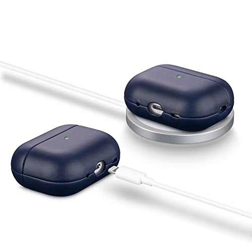 Maogoam Leather Airpods Pro 2 Case Cover With Button, Genuine Crystal Vegetable Tanned Oil Wax Leather Case For Airpods Pro 2Nd Generation 2022, Retro Elegant Style, Front Led Visible,Blue #TOP2
