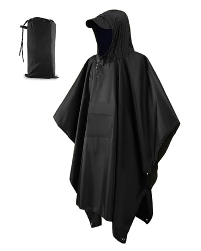 ViKKent Regenjacke Regenponcho, Wasserdichter Regencape mit Kapuze Taschen, Wiederverwendbar, 3 in 1 Multifunktionaler Regencape für Picknick Jagd Camping Wandern