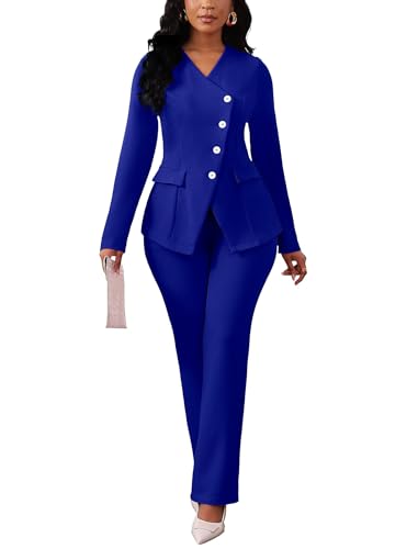 Womens Suits 2 Piece Set Business Spring Fall Casual Button Down Blazer Jackets and Dressy Wide Leg Pant Suits Royal Blue L