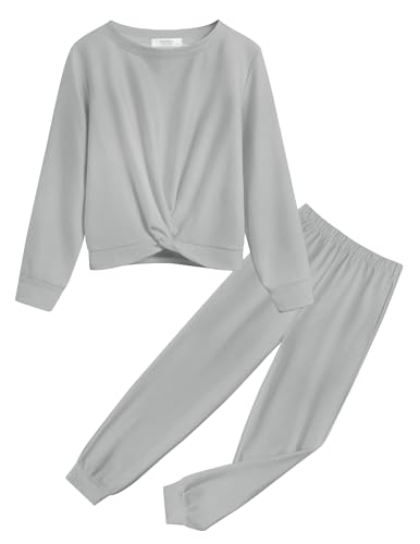 Image of Arshiner Girls 2 Piece Outfits Fashion Twist Front Tracksuit Long Sleeve Pullover Sweatshirt Sweatpants Jogger set Sweatsuit