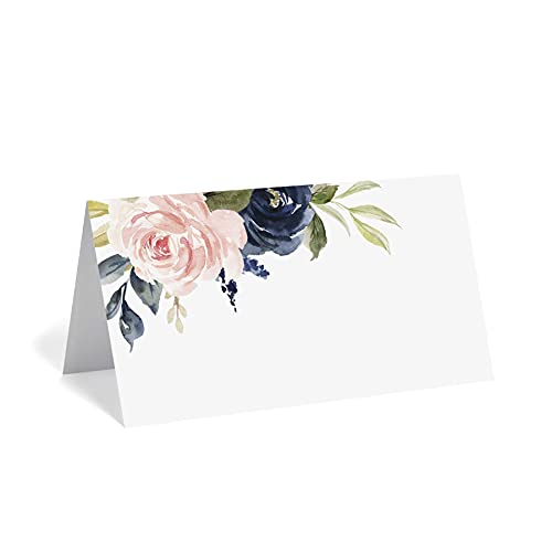 Bliss Collections Place Cards, Navy Floral, Tented Blank Table Place Cards for Weddings, Banquets and Dinner Parties, Scored for Easy Folding, 2´´x3.5´´ (50 Place Cards)