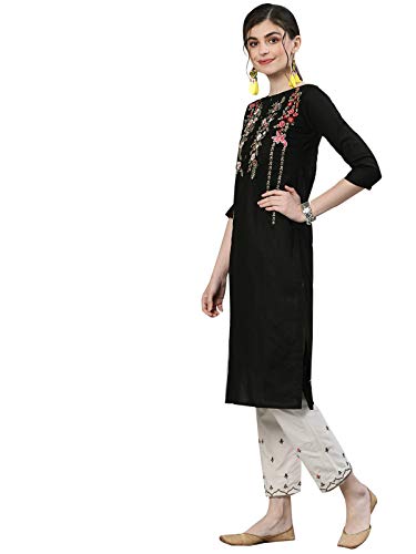 Image of ishin Women's Cotton Black & Off White Embroidered Straight Kurta Trouser Set